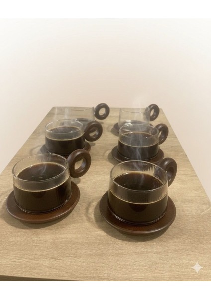 Borosilikat Cam Akasya Saplı Çizgili Tasarmlı ve Akasya Tabaklı Çay Kahve Fincanı 6'LI 250 ml fiyatları
