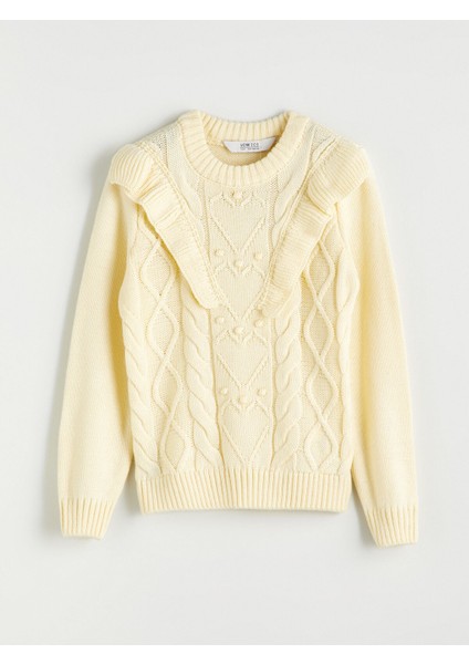 Yeni Sezon Bisiklet Yaka Fırfır Detaylı Kız Çocuk Triko Kazak