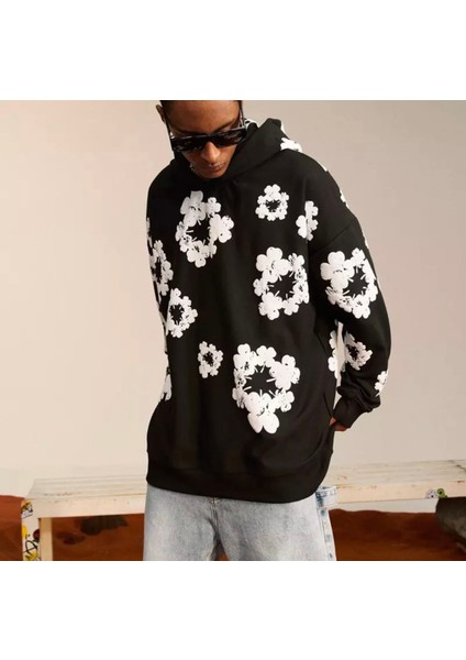 Büyük Beden Özel Tasarım Kapüşonlu Bahar Çiçeği Baskılı Oversize Erkek Hip Hop Sweatshırt