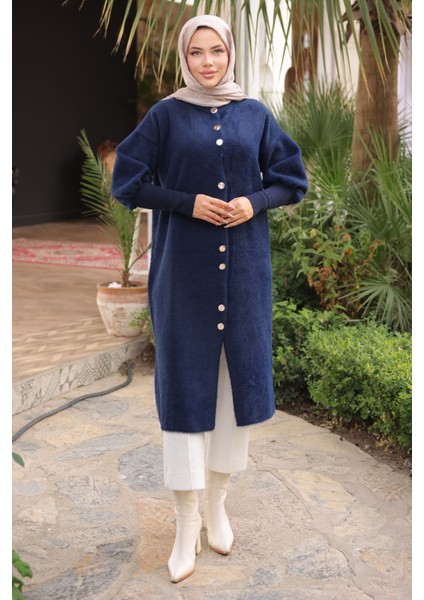 Lacivert Hakim Yaka Angora Yumoş Kaban Hırka