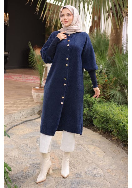 Lacivert Hakim Yaka Angora Yumoş Kaban Hırka modelleri