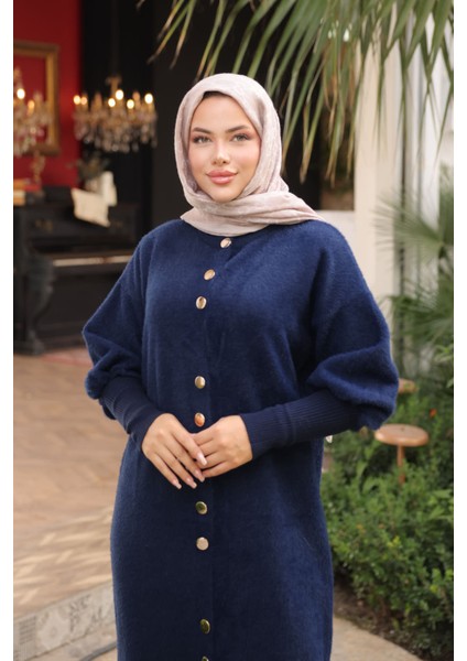 Lacivert Hakim Yaka Angora Yumoş Kaban Hırka indirimleri