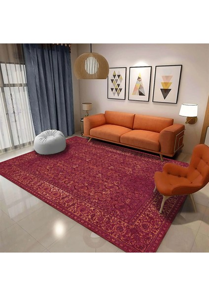 Gerva Çerçeveli Kırmızı Polyester ve Pamuklu Yıkanabilir Kaydırmaz Taban Dijital Baskı Halı