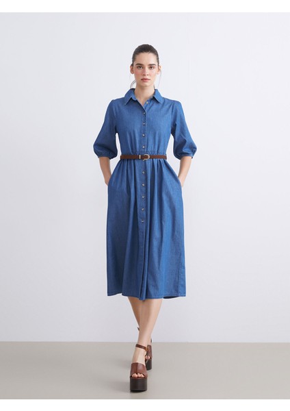 Yeni Sezon Gömlek Yaka Balon Kollu Kemerli Jean Elbise