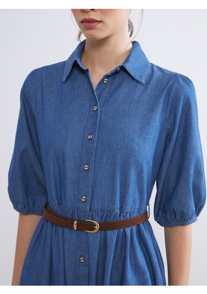 Yeni Sezon Gömlek Yaka Balon Kollu Kemerli Jean Elbise modelleri