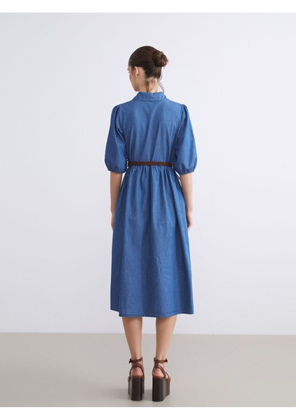 Yeni Sezon Gömlek Yaka Balon Kollu Kemerli Jean Elbise fırsatları