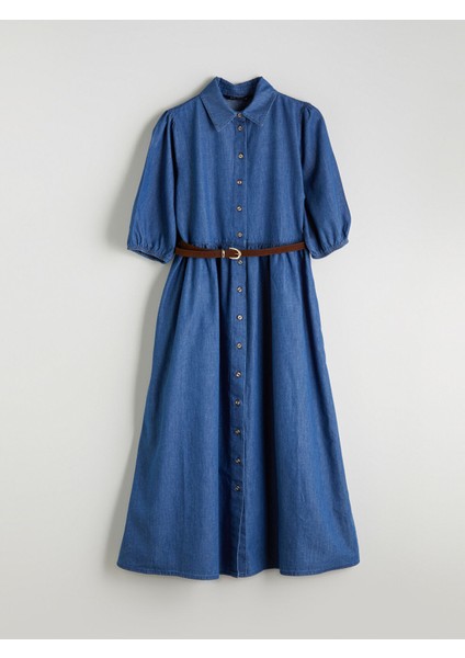 Yeni Sezon Gömlek Yaka Balon Kollu Kemerli Jean Elbise indirimleri