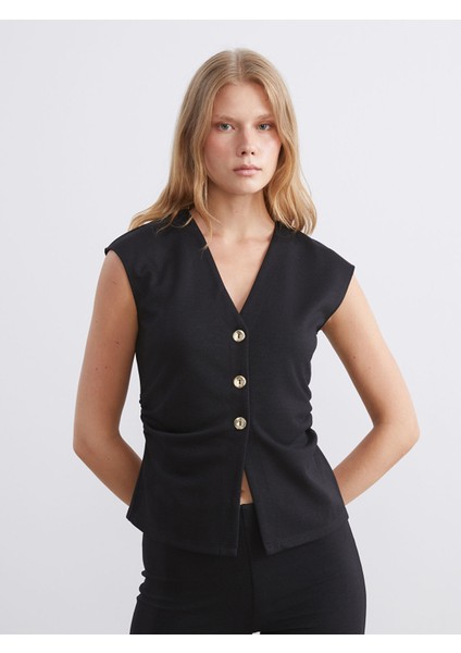 Yeni Sezon V Yaka Büzgülü Kadın Klasik Yelek