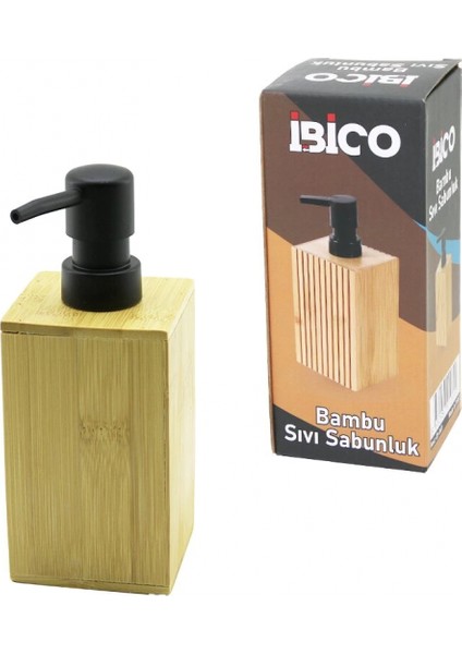 Kare Ahşap Bambu Sıvı Sabunluk Siyah Plastik Pompa Çap: 7cm - Y: 11.5cm (4887)