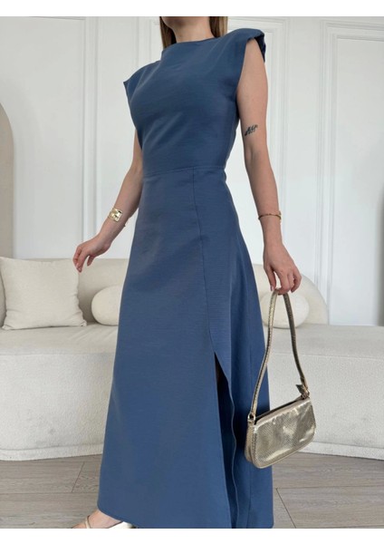 Keten Yandan Yırtmaçlı Uzun Sıfır Kolsuz Elbise - Mavi fırsatları