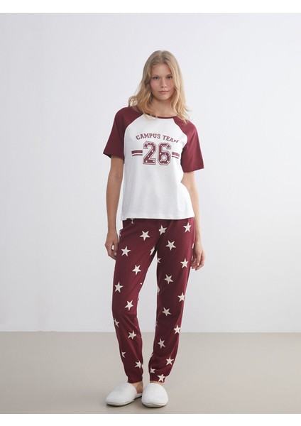 Yeni Sezon Bisiklet Yaka Baskılı Kadın Pijama Takımı