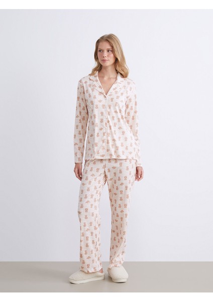 Yeni Sezon Gömlek Yaka Ayı Teddy Baskılı Kadın Pijama Takımı