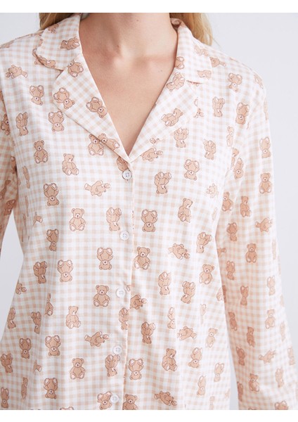 Yeni Sezon Gömlek Yaka Ayı Teddy Baskılı Kadın Pijama Takımı modelleri