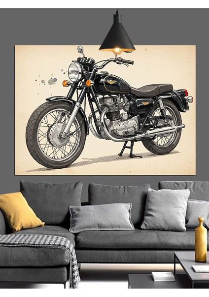 Klasik Model Amerikan Motosikleti Illüstrasyonu Dekoratif Kanvas - Mdf Ahşap Tablo