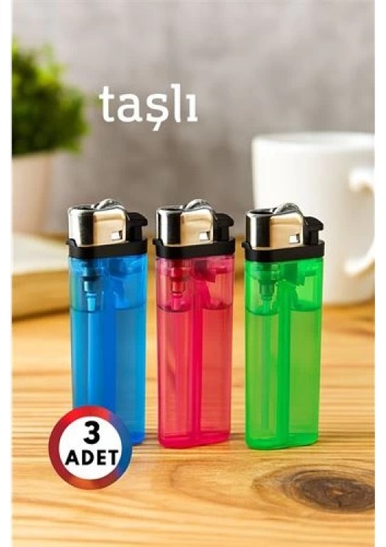 Modacar 3’lü Taşlı Çakmak Seti – Renkli Gövde | Gazlı, Ekonomik ve Güvenli Kullanım