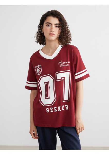 Yeni Sezon V Yaka Harry Potter Baskılı Oversize Kadın Tişört