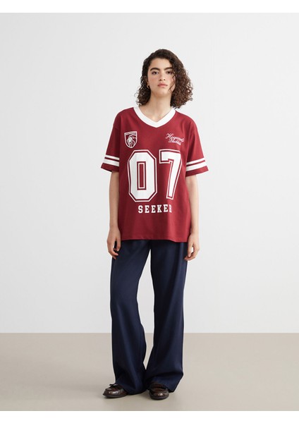 Yeni Sezon V Yaka Harry Potter Baskılı Oversize Kadın Tişört fiyatları