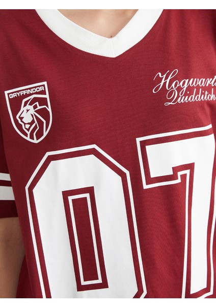 Yeni Sezon V Yaka Harry Potter Baskılı Oversize Kadın Tişört modelleri