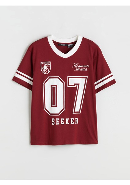 Yeni Sezon V Yaka Harry Potter Baskılı Oversize Kadın Tişört indirimleri