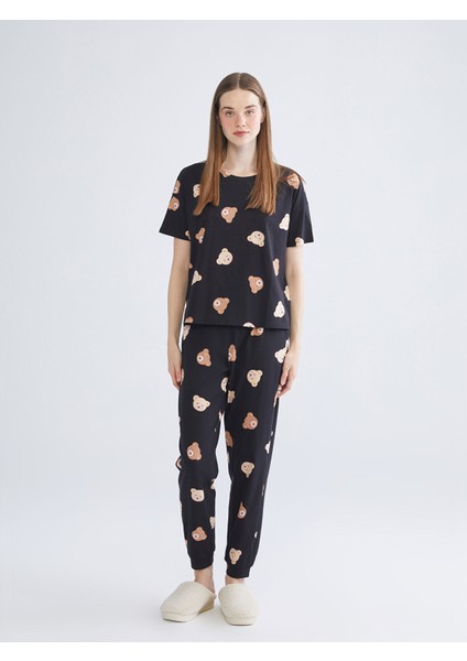 Yeni Sezon Bisiklet Yaka Ayı Baskılı Kadın Pijama Takımı