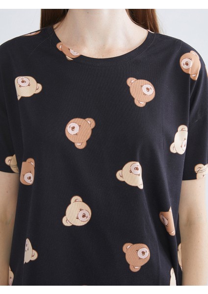 Yeni Sezon Bisiklet Yaka Ayı Baskılı Kadın Pijama Takımı modelleri