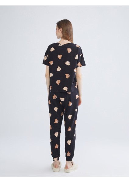 Yeni Sezon Bisiklet Yaka Ayı Baskılı Kadın Pijama Takımı fırsatları