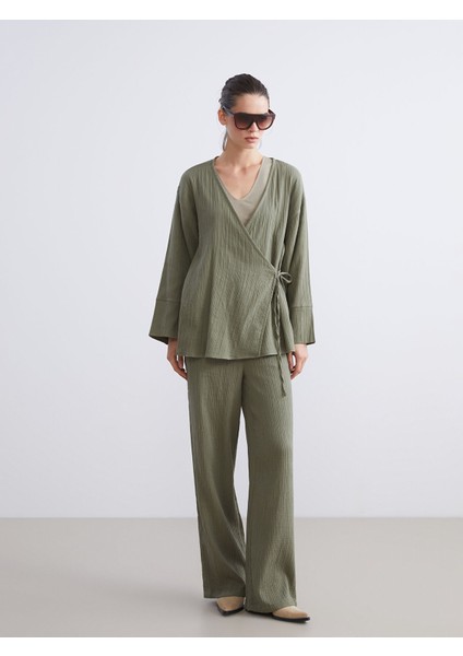 Yeni Sezon Büyük Beden Beli Lastikli Dokulu Müslin Kadın Pantolon