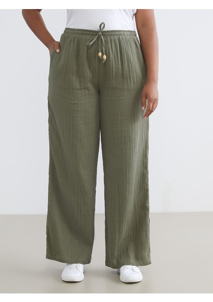 Yeni Sezon Büyük Beden Beli Lastikli Dokulu Müslin Kadın Pantolon modelleri