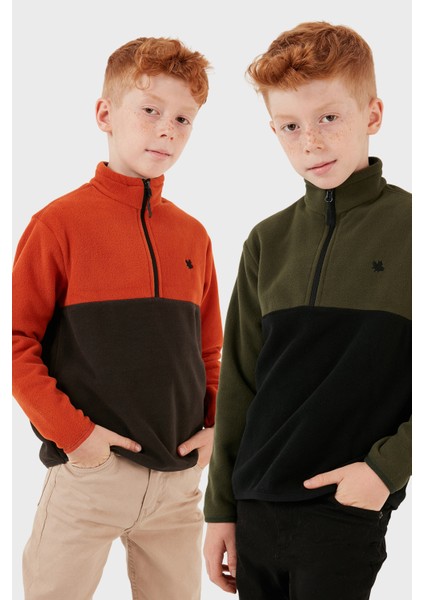 Yumuşak Dokulu Yarım Fermuarlı Renk Bloklu Dik Yaka 2'li Paket Polar Çocuk Polar 5905004S2