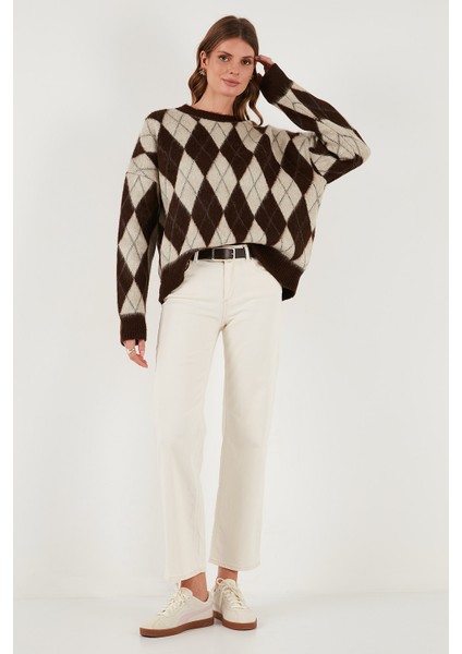 Oversize Fit Bisiklet Yaka Baklava Desenli Yumuşak Dokulu Kazak Bayan Kazak 4616223 fiyatları