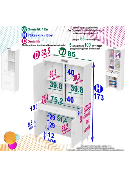 Rosa 85 cm Tek Çekmece Banyo ve Mutfak Dolabı Çok Amaçlı Dolap 3 Kapak 3 Raf 6 Bölme 85x173x32,5 cm