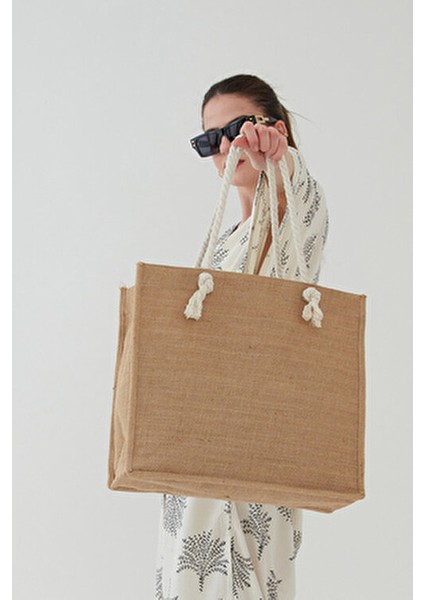 Rosso Collina Kahverengi Hasır Yuvarlak Ip Askılı Plaj Çantası Jüt Kumaş Yeni Sezon