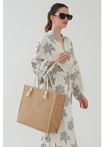 Rosso Collina Kahverengi Hasır Yuvarlak Ip Askılı Plaj Çantası Jüt Kumaş Yeni Sezon modelleri