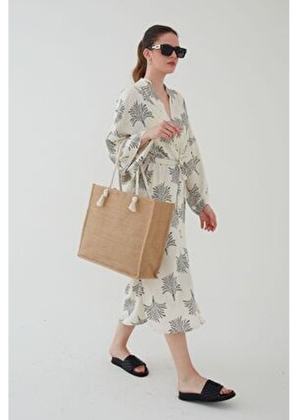 Rosso Collina Kahverengi Hasır Yuvarlak Ip Askılı Plaj Çantası Jüt Kumaş Yeni Sezon