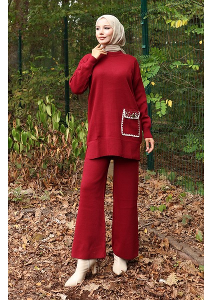 Triko Iinci Detaylı Tunik Pantolon Ikili Takım 1025-08 Bordo