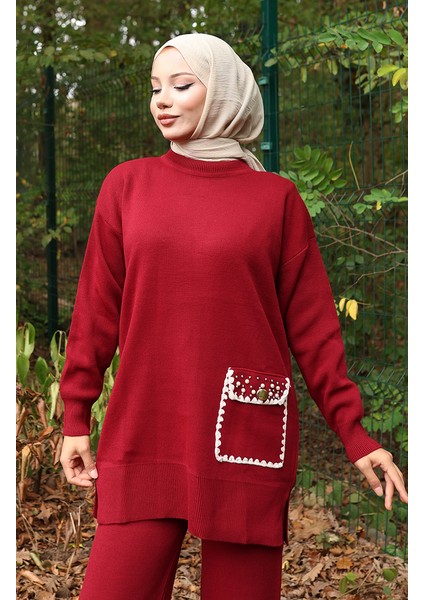 Triko Iinci Detaylı Tunik Pantolon Ikili Takım 1025-08 Bordo fırsatları