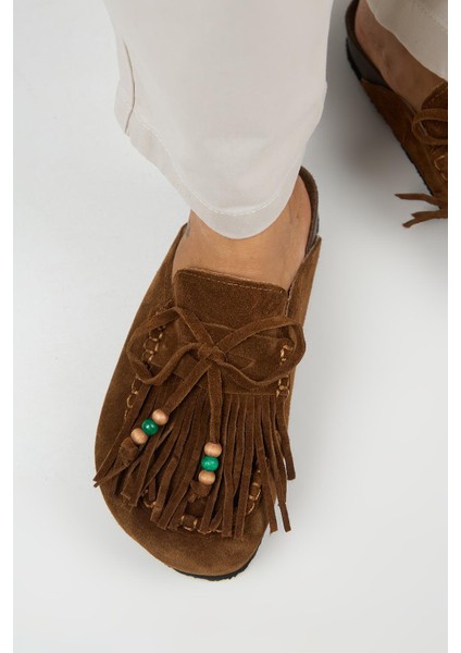 Malinda Kadın Hakiki Deri Püsküllü Boncuk Detaylı Sabo Taba Terlik