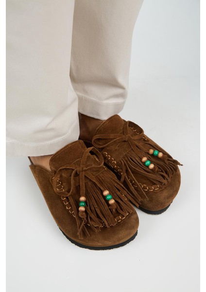 Malinda Kadın Hakiki Deri Püsküllü Boncuk Detaylı Sabo Taba Terlik modelleri