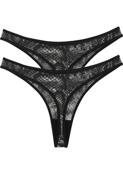 Kadın Siyah Yılan Desenli 2'li Tanga Slip