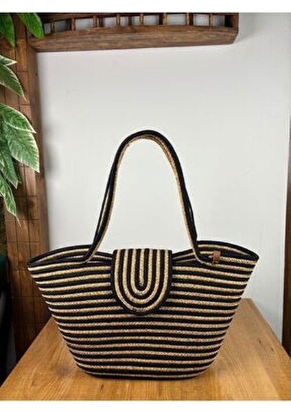 Berry Mıknatıslı Doğal Hasır Jüt Plaj Çantası Çizgili Desen ile Yazın Trendi