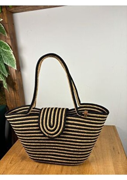 Berry Mıknatıslı Doğal Hasır Jüt Plaj Çantası Çizgili Desen ile Yazın Trendi modelleri