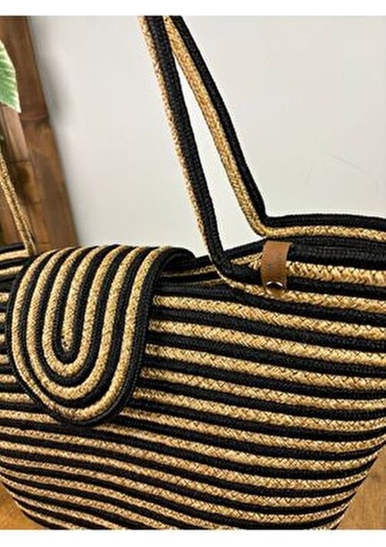 Berry Mıknatıslı Doğal Hasır Jüt Plaj Çantası Çizgili Desen ile Yazın Trendi indirimleri