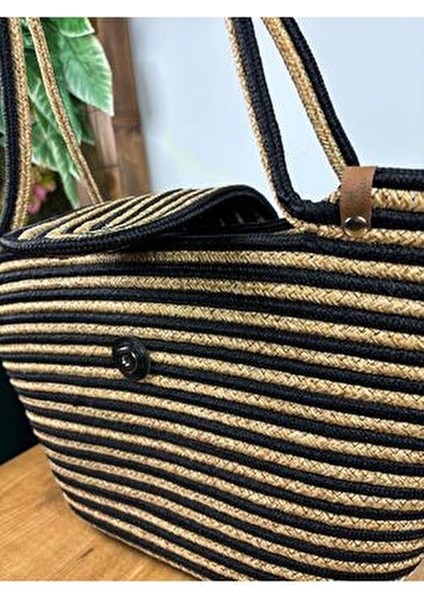 Berry Mıknatıslı Doğal Hasır Jüt Plaj Çantası Çizgili Desen ile Yazın Trendi