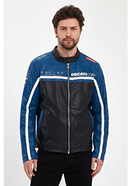 Erkek Baskılı Motorcu Ceket Deri Garnili Yarışçı Mont Fermuarlı ve Çıtçıtlı Kolej Montu Bomber Ceket