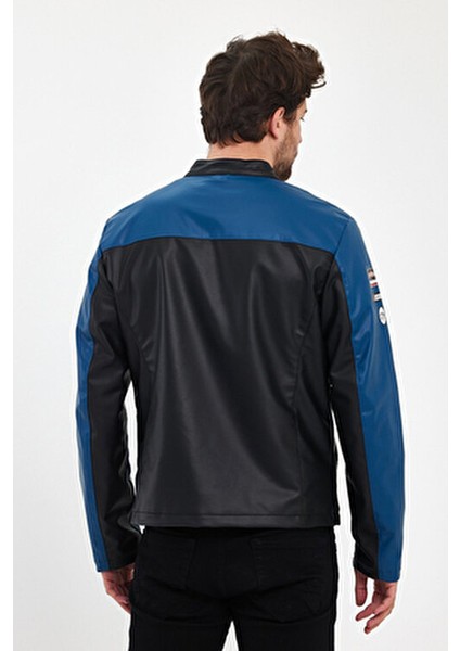 Erkek Baskılı Motorcu Ceket Deri Garnili Yarışçı Mont Fermuarlı ve Çıtçıtlı Kolej Montu Bomber Ceket