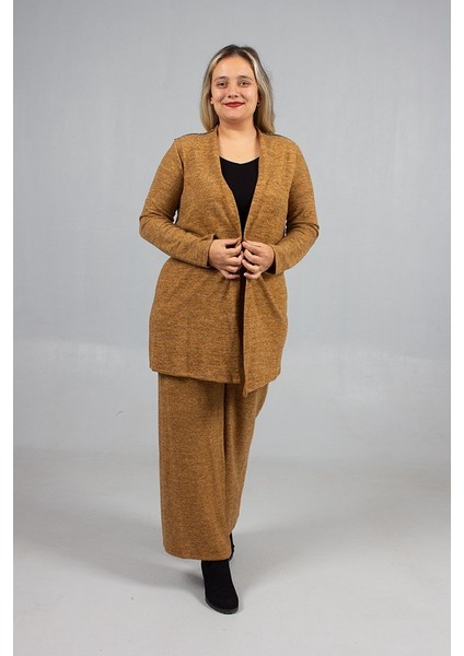 Pamuklu Yün Viskon Büyük Beden Pantolon Hırka Takım Hardal