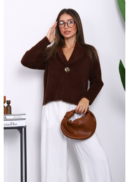 Kahverengi Tek Düğmeli Angora Yumoş Hırka