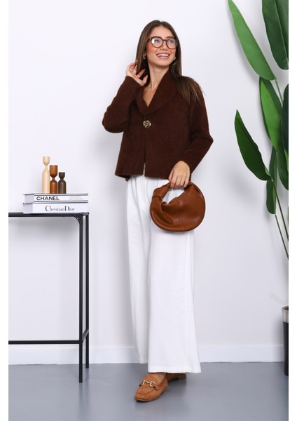 Kahverengi Tek Düğmeli Angora Yumoş Hırka fiyatları