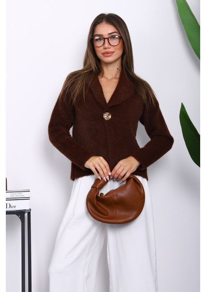 Kahverengi Tek Düğmeli Angora Yumoş Hırka modelleri