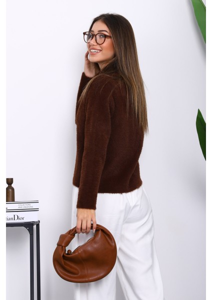 Kahverengi Tek Düğmeli Angora Yumoş Hırka fırsatları